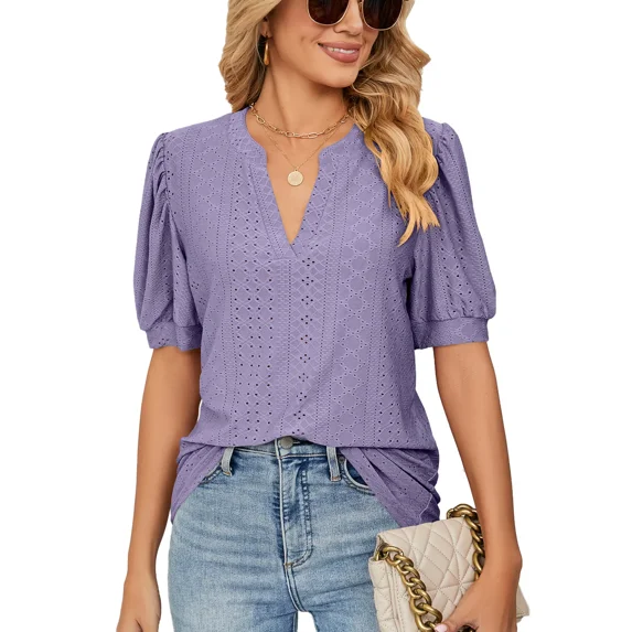 Cuteduck Women's Tshirts Casual Fashion V-Neck Solid Colour T Shirt Hollow Bubble Sleeve Loose Top T Shirts, S-2XL