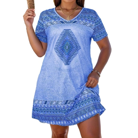 Cuteduck Women’s V-Neck Short Sleeve Casual Midi Dress – Boho Print, Loose Fit Flowy A-Line Sundress – Summer Beach & Everyday 1X-5X