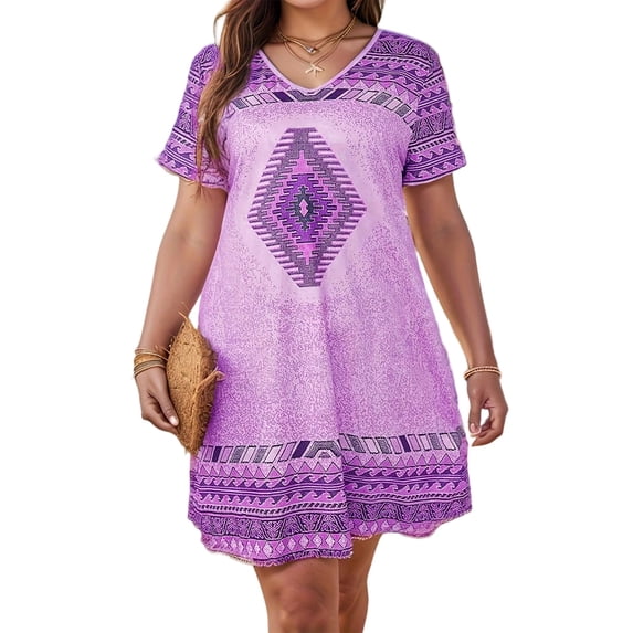 Cuteduck Women’s V-Neck Short Sleeve Casual Midi Dress – Boho Print, Loose Fit Flowy A-Line Sundress – Summer Beach & Everyday 1X-5X