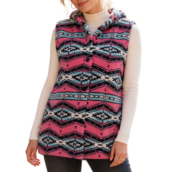 Cuteduck Women's Vest Fall Sleeveless Hooded Geometric Print Ethnic Casual Loose Jacket S-XL