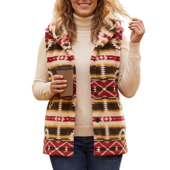 Cuteduck Women's Vest Fall Sleeveless Hooded Geometric Print Ethnic Casual Loose Jacket S-XL