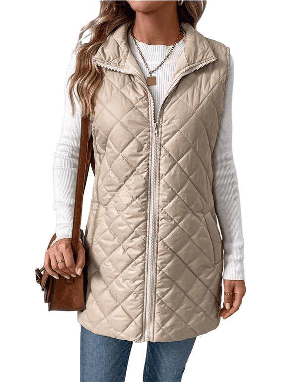 Women's Vest Fall Spring Sleeveless Stand Collar Long Lightweight Quilted Pocketed Zipper Casual Jacket S-2XL