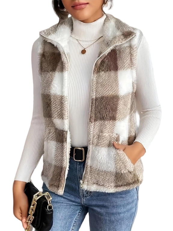 Women's Vest Fall Winter Sleeveless Lapel Regular Fit Plaid Print Casual Vest S-XL