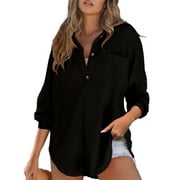 Cuteduck Women's Waffle Knit Tops Henley Casual Shirts Long Sleeve V Neck Solid Color Casual Tunic Tops S-XXL
