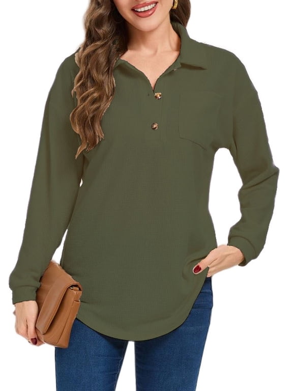 Women's Waffle Knit Tops Henley Casual Shirts Long Sleeve V Neck Solid Color Casual Tunic Tops S-XXL