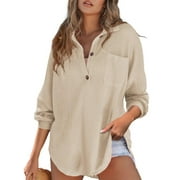 Cuteduck Women's Waffle Knit Tops Henley Casual Shirts Long Sleeve V Neck Solid Color Casual Tunic Tops S-XXL