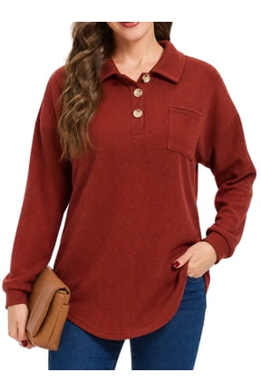 Women's Waffle Knit Tops Henley Casual Shirts Long Sleeve V Neck Solid Color Casual Tunic Tops S-XXL
