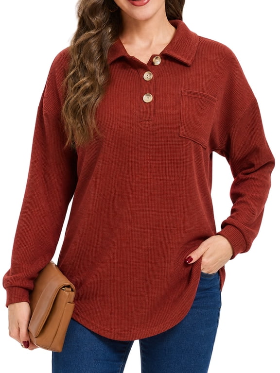 Women's Waffle Knit Tops Henley Casual Shirts Long Sleeve V Neck Solid Color Casual Tunic Tops S-XXL