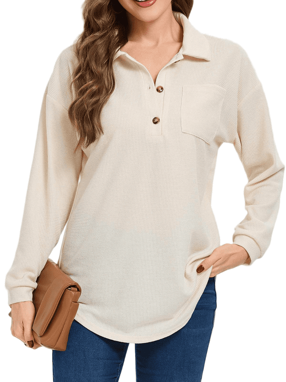 Women's Waffle Knit Tops Henley Casual Shirts Long Sleeve V Neck Solid Color Casual Tunic Tops S-XXL