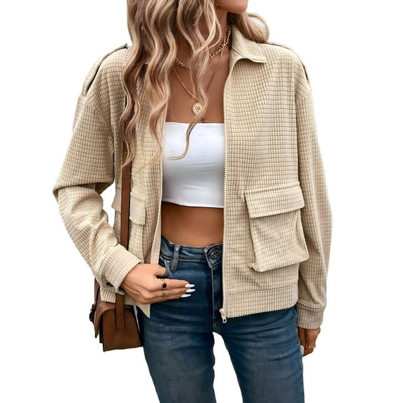 Cuteduck Women Corduroy Fall Fashion Jacket Zip Up Waffle Knit Casual Shacket Long Sleeve Lapel Coat with Pocket S-XL