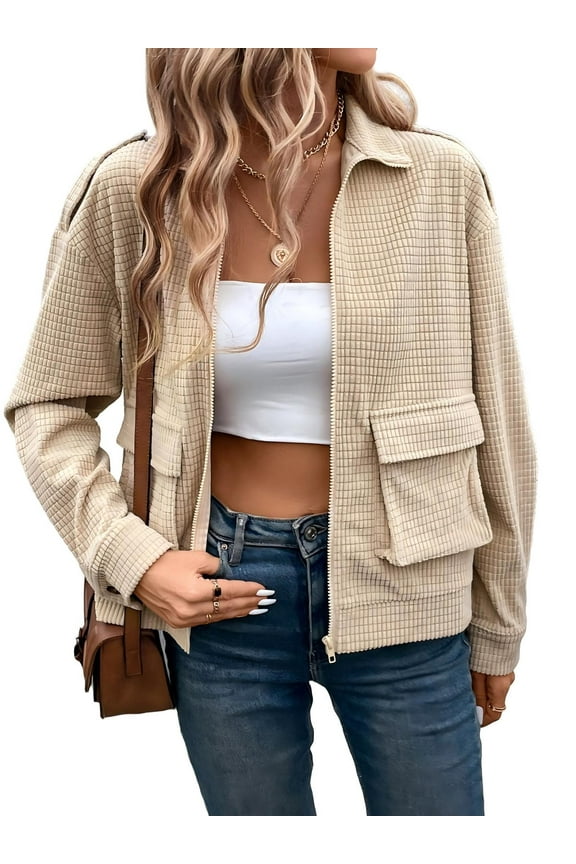 Women Corduroy Fall Fashion Jacket Zip Up Waffle Knit Casual Shacket Long Sleeve Lapel Coat with Pocket S-XL