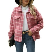 CUTEDUCK Women Plaid Fashion Jacket Button Up Long Sleeve Fall Casual Dressy Loose Coat with Pockets S-XL