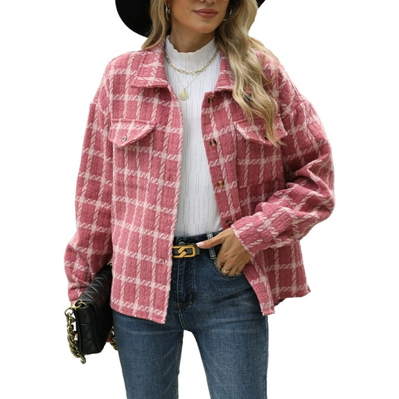 Cuteduck Women Plaid Fashion Jacket Button Up Long Sleeve Fall Casual Dressy Loose Coat with Pockets S-XL