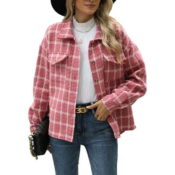 Cuteduck Women Plaid Fashion Jacket Button Up Long Sleeve Fall Casual Dressy Loose Coat with Pockets S-XL