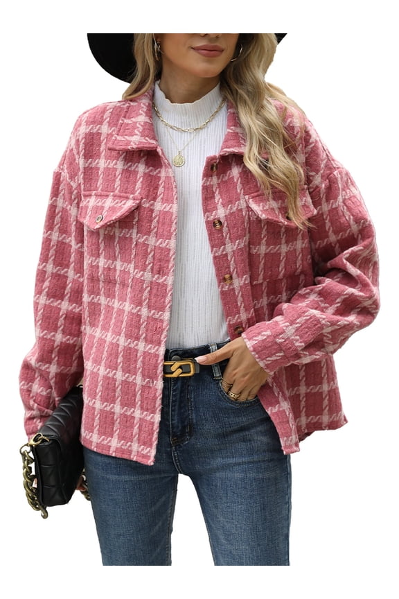 Women Plaid Fashion Jacket Button Up Long Sleeve Fall Casual Dressy Loose Coat with Pockets S-XL