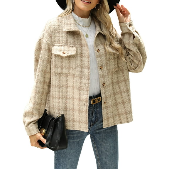 Cuteduck Women Plaid Fashion Jacket Button Up Long Sleeve Fall Casual Dressy Loose Coat with Pockets S-XL