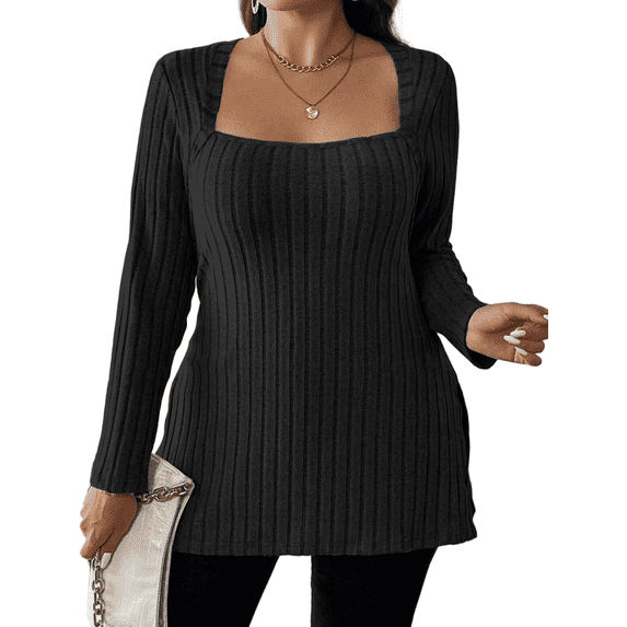 Cuteduck Women Plus Size Casual Ribbed Knit Blouse Fall Long Sleeve Sweater Square Neck Solid Top 1X-4X