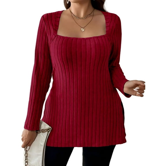 Cuteduck Women Plus Size Casual Ribbed Knit Blouse Fall Long Sleeve Sweater Square Neck Solid Top 1X-4X