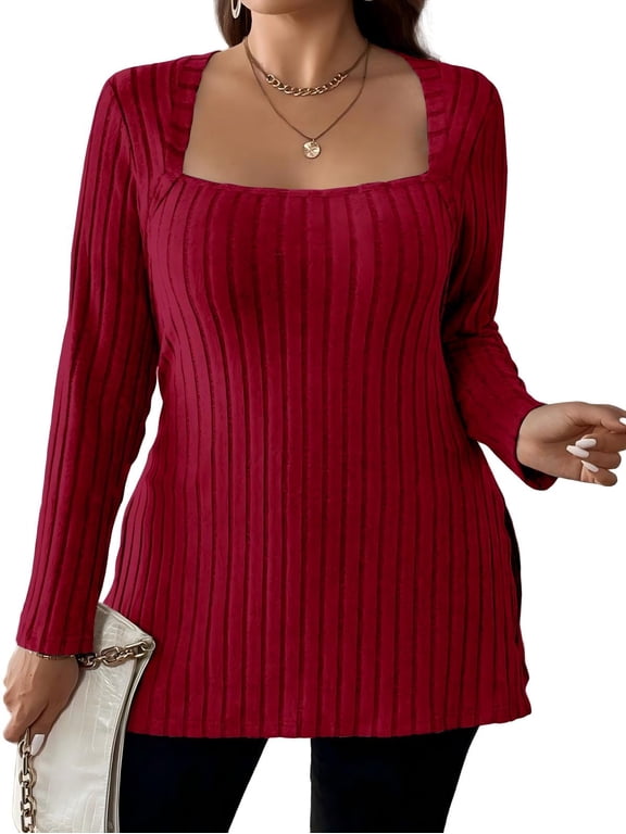 Women Plus Size Casual Ribbed Knit Blouse Fall Long Sleeve Sweater Square Neck Solid Top 1X-4X