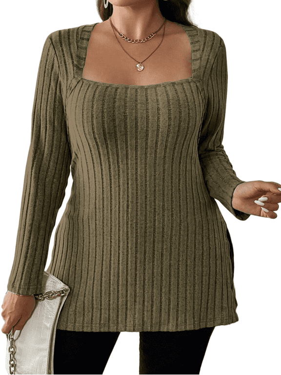 Women Plus Size Casual Ribbed Knit Blouse Fall Long Sleeve Sweater Square Neck Solid Top 1X-4X