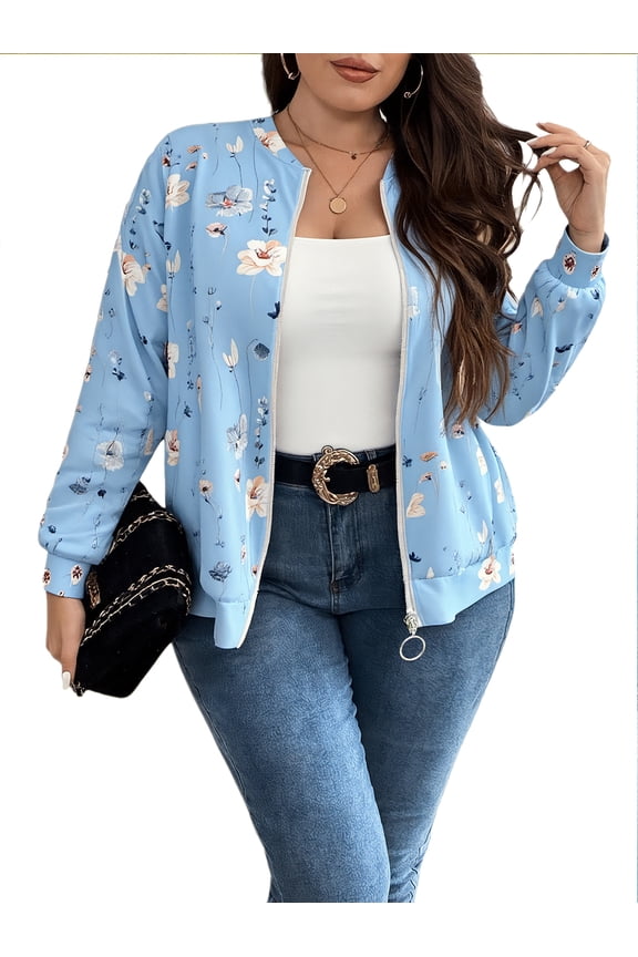 Women Plus Size Printed Fashion Jacket Long Sleeve Lightweight Fall Zip Up Loose Bomber Jacket 1X-4X
