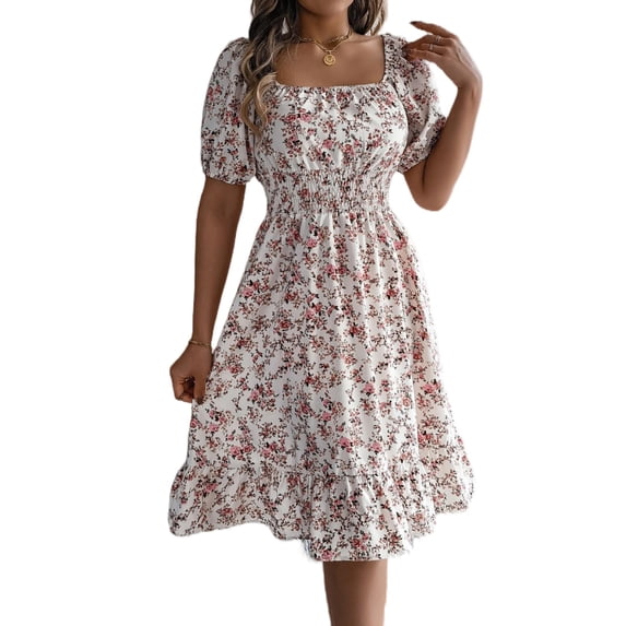 Musefolio Women's full open vintage floral print square neck puffy short sleeve mid-length summer ruffled high waist casual elegant A-line floral dresses S-XL