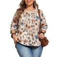 thumbnail image 1 of Cuteduck Women Plus Size Printed Tunic 3/4 Sleeve Fall Pleated Round-neck Casual Loose Ruffled Top 1X-4X, 1 of 7