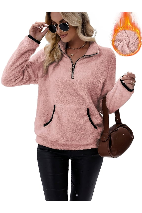 Women's plush sweatshirt long sleeve half zip pullover Top Winter Fleece hoodie S-2XL