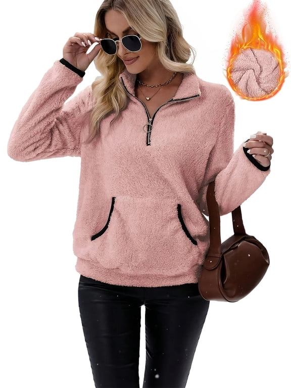 Women’s Fuzzy Quarter Zip Sherpa Sweatshirt Half Pullover Fleece Top S-2XL
