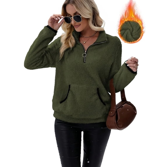 Cuteduck Women’s Fuzzy Quarter Zip Sherpa Sweatshirt Half Pullover Fleece Top S-2XL