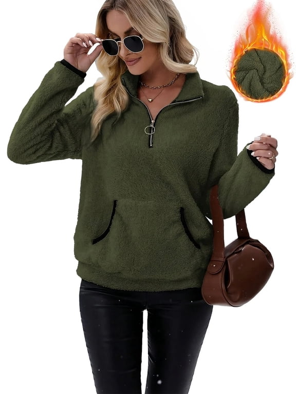 Women’s Fuzzy Quarter Zip Sherpa Sweatshirt Half Pullover Fleece Top S-2XL