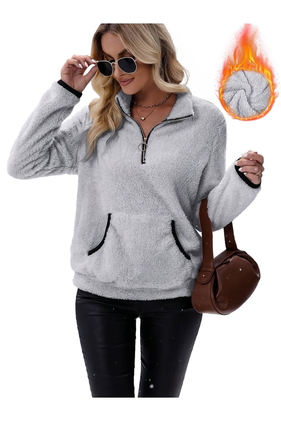 Women's plush sweatshirt long sleeve half zip pullover Top Winter Fleece hoodie S-2XL