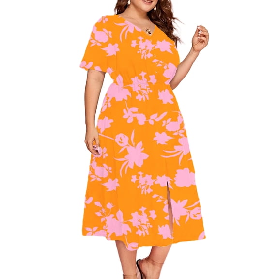 Cuteduck Women's summer casual plus-size Bohemian-style swing wrap dress with floral prints, V-neck and cinched waist, flowing and elegant mid-length dress 1X-5X