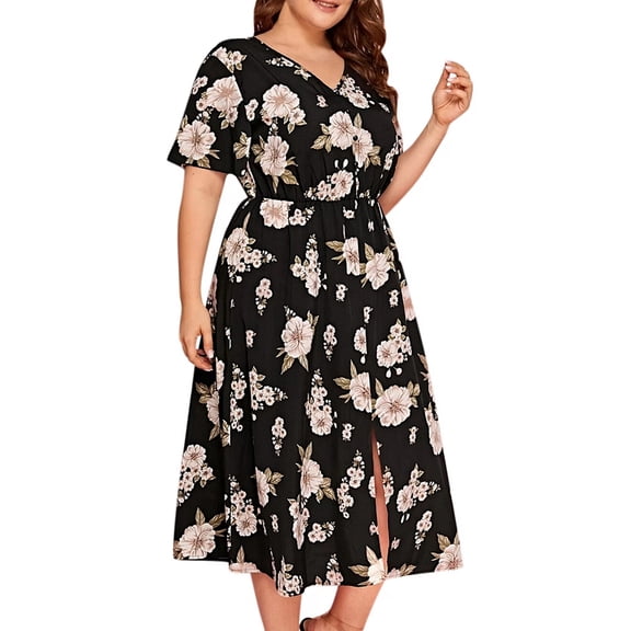 Cuteduck Women's summer casual plus-size Bohemian-style swing wrap dress with floral prints, V-neck and cinched waist, flowing and elegant mid-length dress 1X-5X
