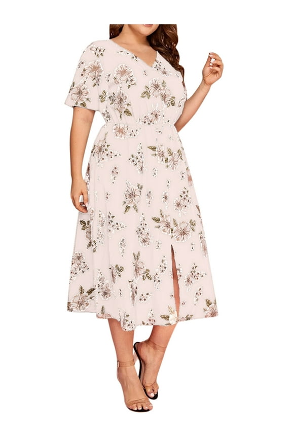 Women's summer casual plus-size Bohemian-style swing wrap dress with floral prints, V-neck and cinched waist, flowing and elegant mid-length dress 1X-5X