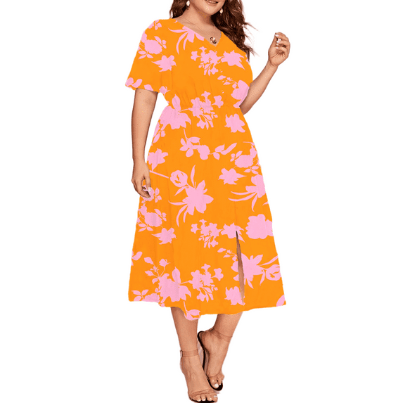 Cuteduck Women's summer casual plus-size Bohemian-style swing wrap dress with floral prints, V-neck and cinched waist, flowing and elegant mid-length dress 1X-5X