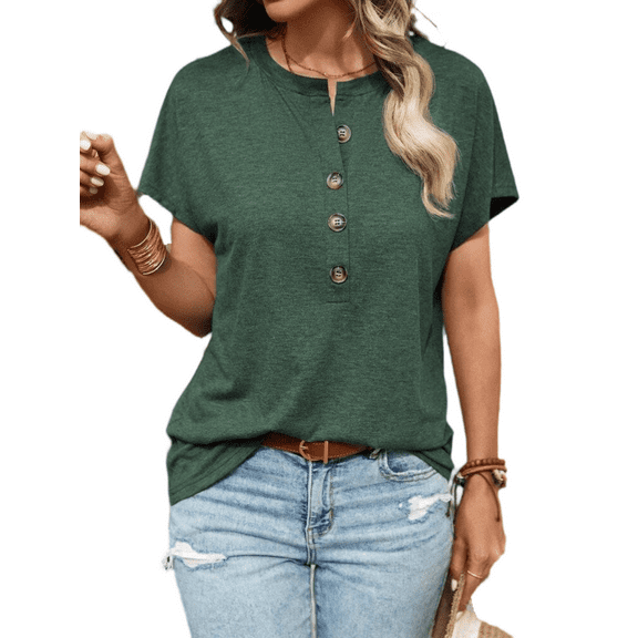 Musefolio Womens Button Up Henley Shirts Casual Loose Basic Batwing Sleeve Tops S-XXL