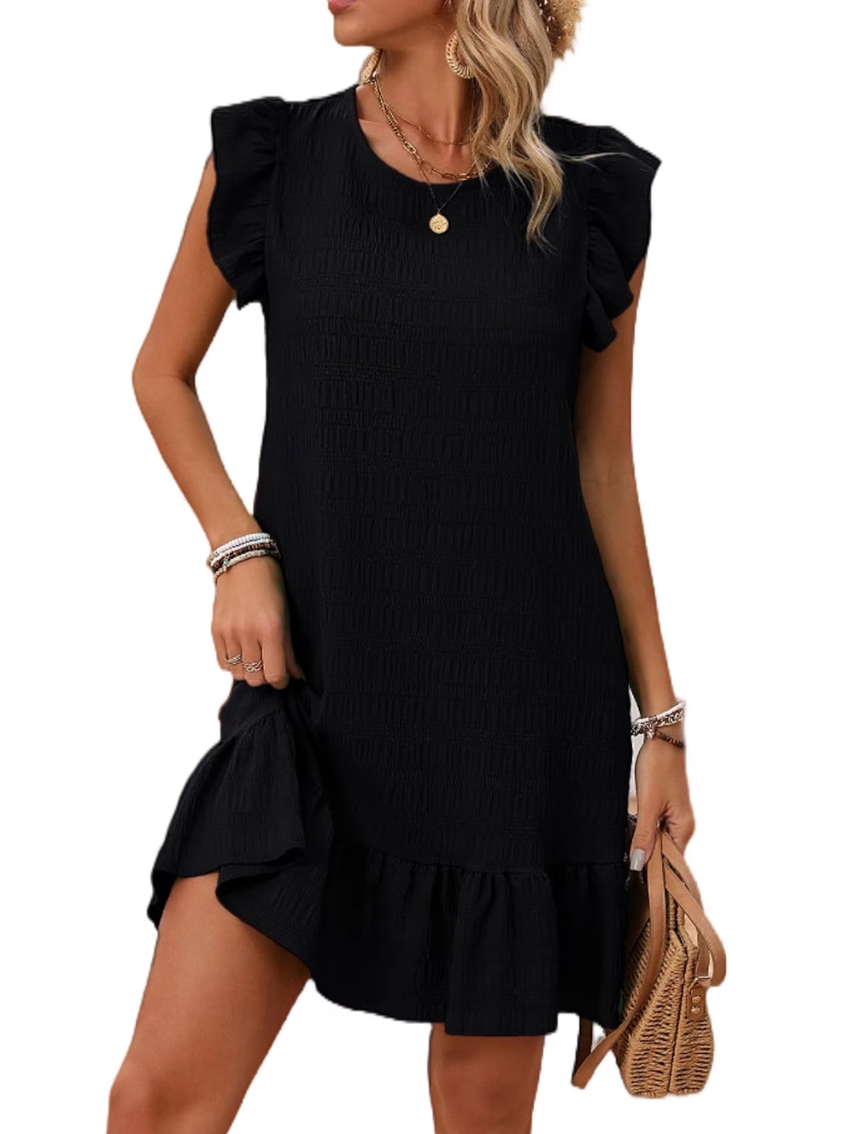 Cuteduck Womens Ruffle Sleeve Ruffle Hem Round Neck Casual Summer Dress ...