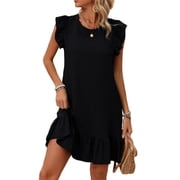 Cuteduck Womens Dresses Ruffle Sleeve Ruffle Hem Round Neck Textures Casual Dresses S-XL