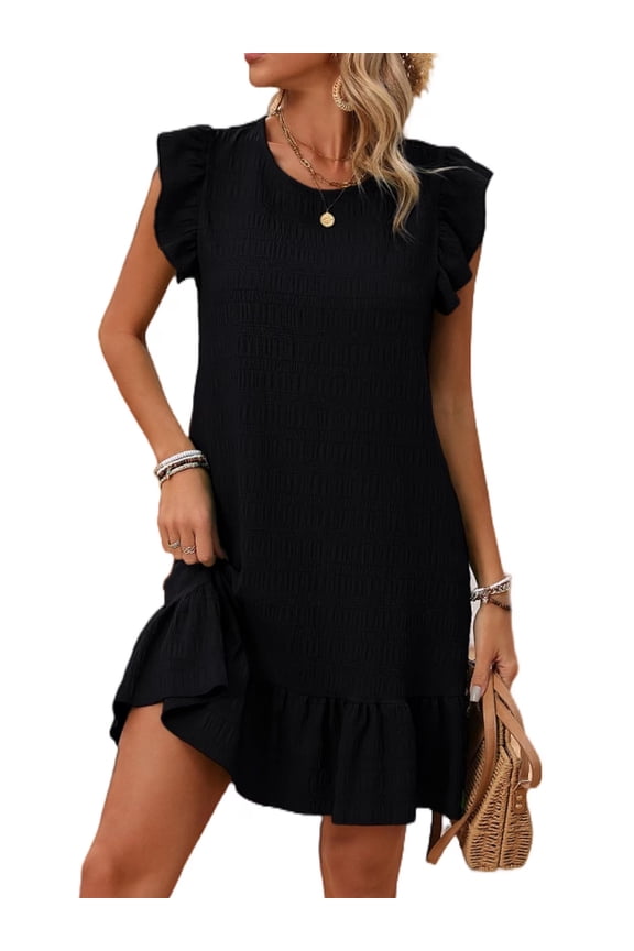 Womens Dresses Ruffle Sleeve Ruffle Hem Round Neck Textures Casual Dresses S-XL