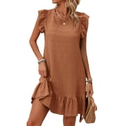 Cuteduck Womens Dresses Ruffle Sleeve Ruffle Hem Round Neck Textures Casual Dresses S-XL