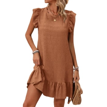 Cuteduck Womens Dresses Ruffle Sleeve Ruffle Hem Round Neck Textures Casual Dresses S-XL