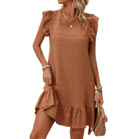Womens Dresses Ruffle Sleeve Ruffle Hem Round Neck Textures Casual Dresses S-XL