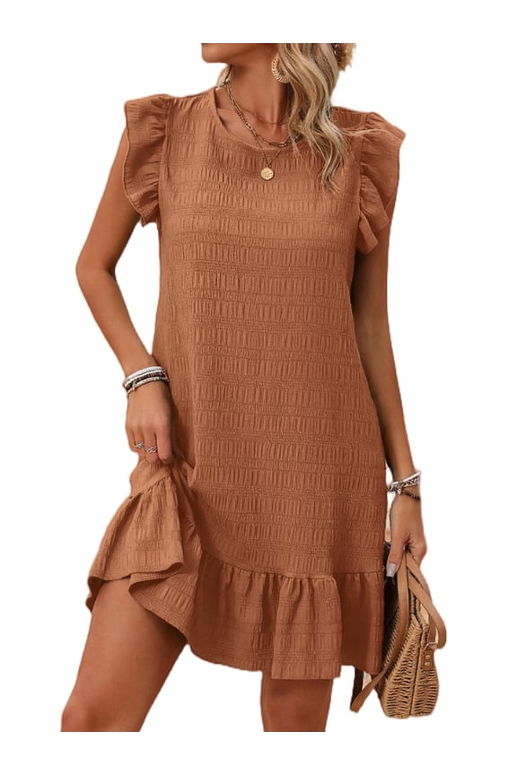 Womens Dresses Ruffle Sleeve Ruffle Hem Round Neck Textures Casual Dresses S-XL