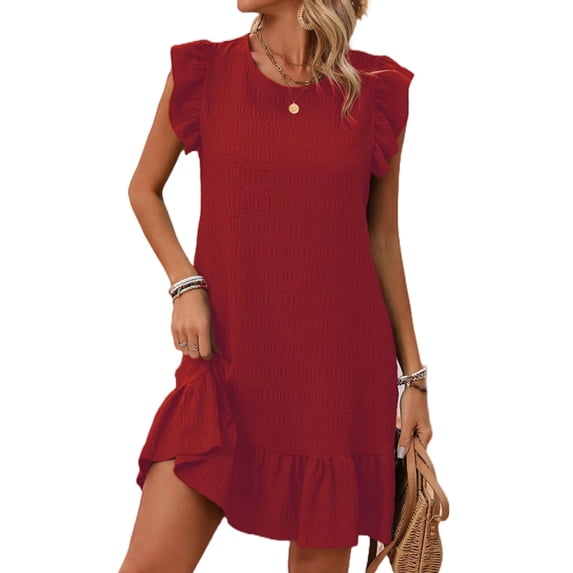 Cuteduck Womens Dresses Ruffle Sleeve Ruffle Hem Round Neck Textures Casual Dresses S-XL