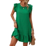 Womens Dresses Ruffle Sleeve Ruffle Hem Round Neck Textures Casual Dresses S-XL