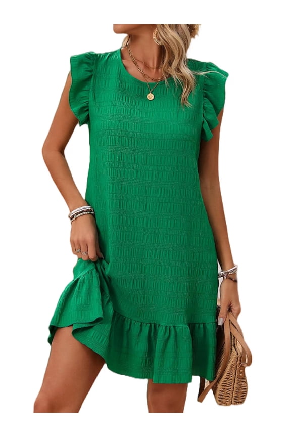 Womens Dresses Ruffle Sleeve Ruffle Hem Round Neck Textures Casual Dresses S-XL