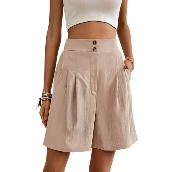Cuteduck Womens High-Waisted Pleated Shorts Wide Leg Button Casual Loose Fit Shorts S-2XL