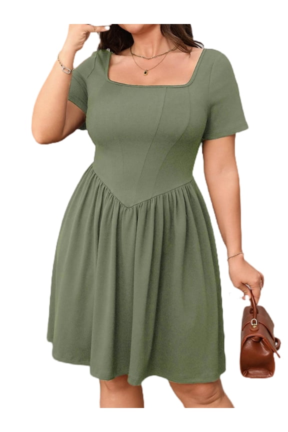 Womens Plus Size A-Line Dress Casual Summer Square Neck Mid-Length Dress 1X-4X