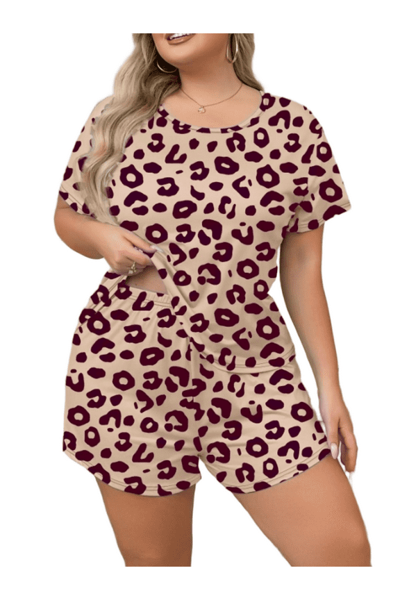 Womens Plus Size Abstract Print Pajama Set Short Sleeve Top Shorts Sleepwear 1X-5X
